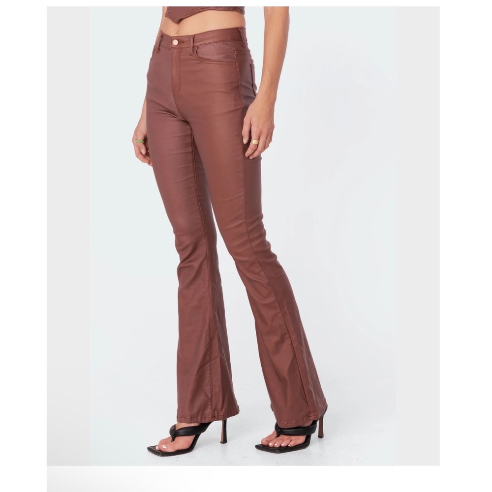 Edikted Brown Coated Flare Pants High Waisted Faux Leather Bell Bottoms Size M